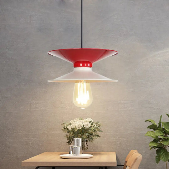 Modern Metal Double Saucer Ceiling Pendant Lamp White And Red 1-Bulb Hang Fixture White-Red