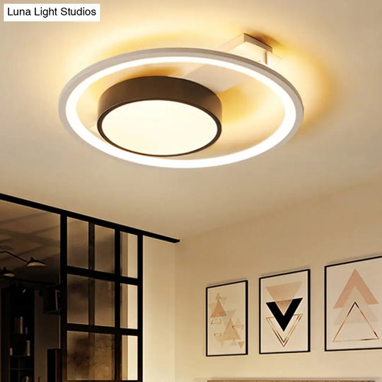 Modern Metal Drum Ceiling Light Fixture - Black And White Led Flush Mount 16’/19.5’ Wide