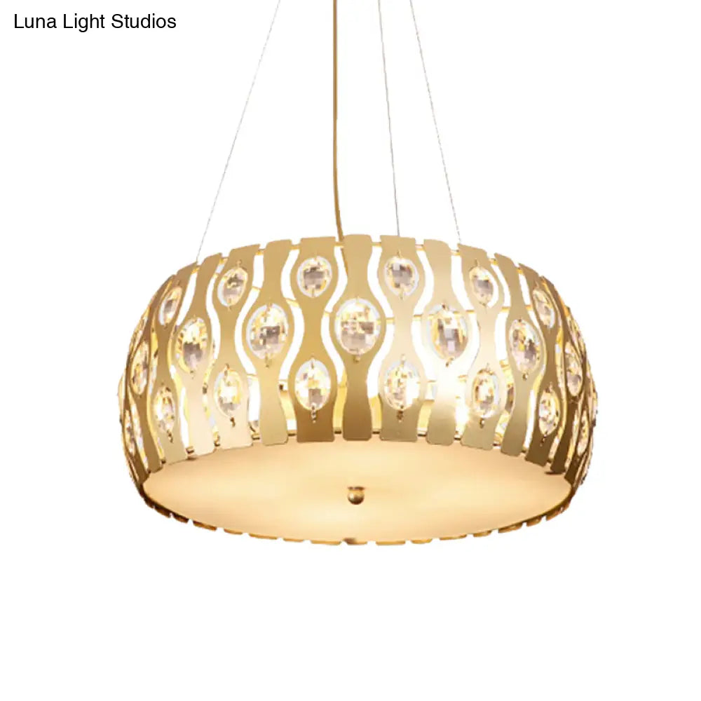 Modern Metal Drum Chandelier With Crystal Accents - 3/4 Lights Gold Finish 15/19 Width