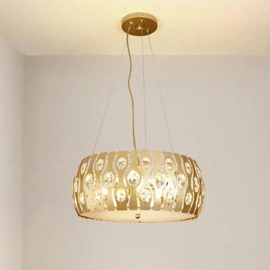 Modern Metal Drum Chandelier With Crystal Accents - 3/4 Lights Gold Finish 15/19 Width / 19