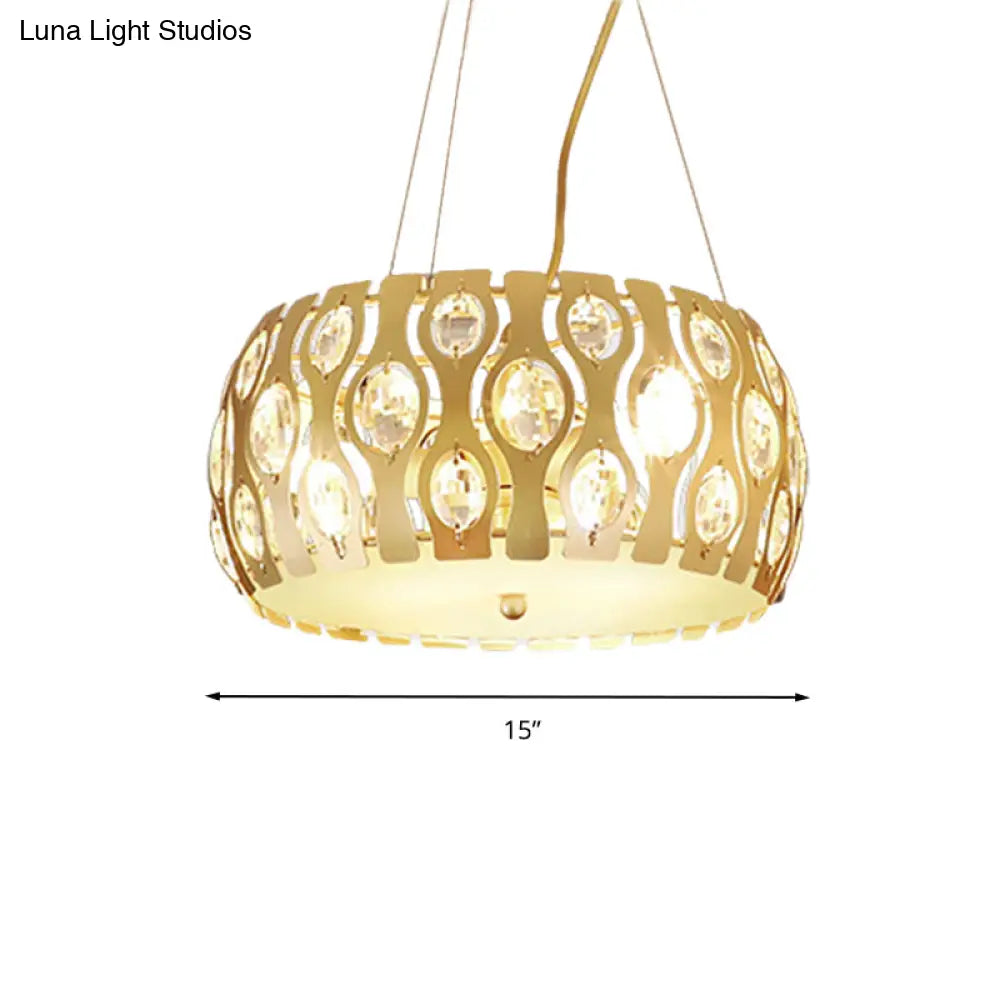 Modern Metal Drum Chandelier With Crystal Accents - 3/4 Lights Gold Finish 15/19 Width