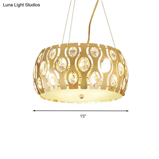 Modern Metal Drum Chandelier With Crystal Accents - 3/4 Lights Gold Finish 15/19 Width