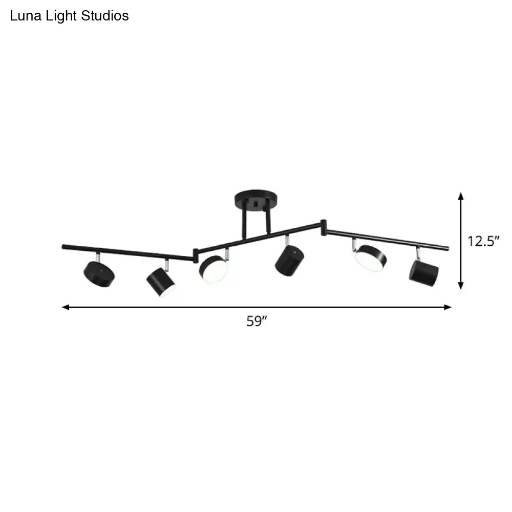 Modern Metal Drum Semi-Mount Ceiling Light Fixture With 6 Led Lights - Black Linear Design