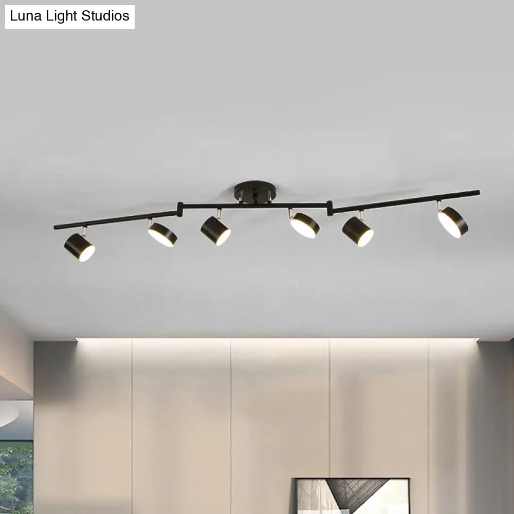 Modern Metal Drum Semi - Mount Ceiling Light Fixture With 6 Led Lights - Black Linear Design