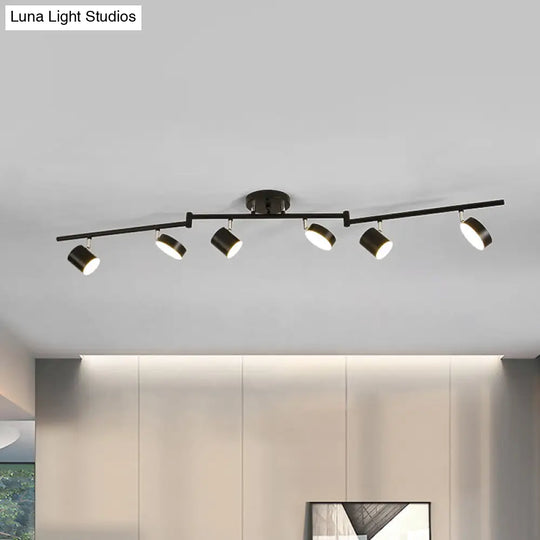 Modern Metal Drum Semi - Mount Ceiling Light Fixture With 6 Led Lights - Black Linear Design