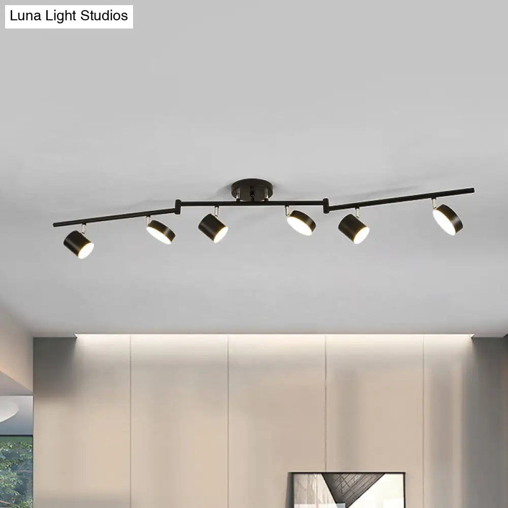 Modern Metal Drum Semi-Mount Ceiling Light Fixture With 6 Led Lights - Black Linear Design