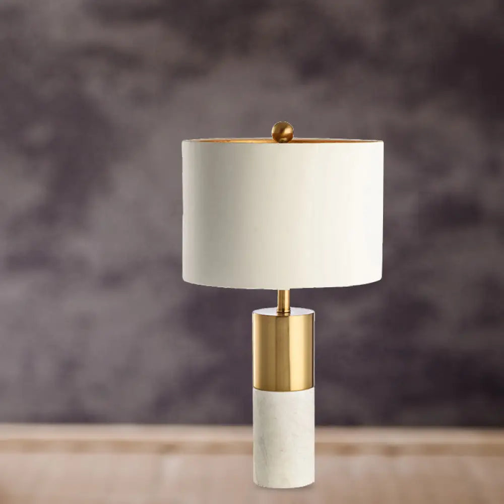 Modern Metal Drum Shade Table Lamp With Marble Base - White Light For Bedroom / B