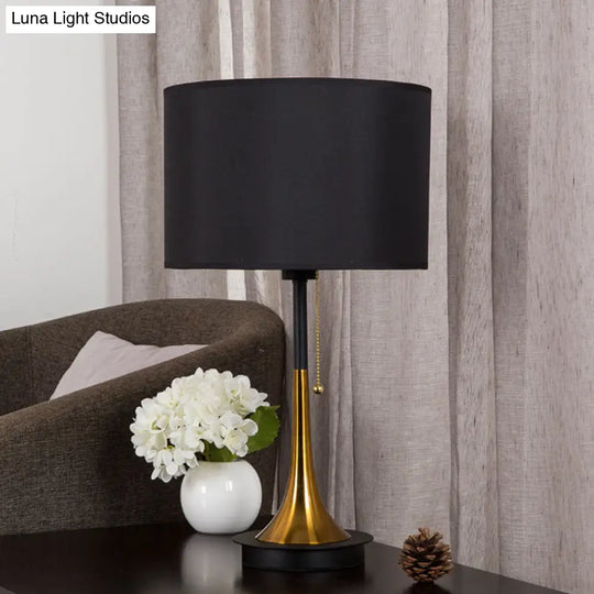 Modern Metal Drum Table Lamp: 1-Head Black/Grey Nightstand Lighting With Pull Chain