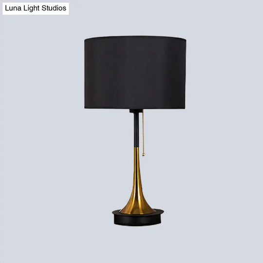 Modern Metal Drum Table Lamp: 1-Head Black/Grey Nightstand Lighting With Pull Chain