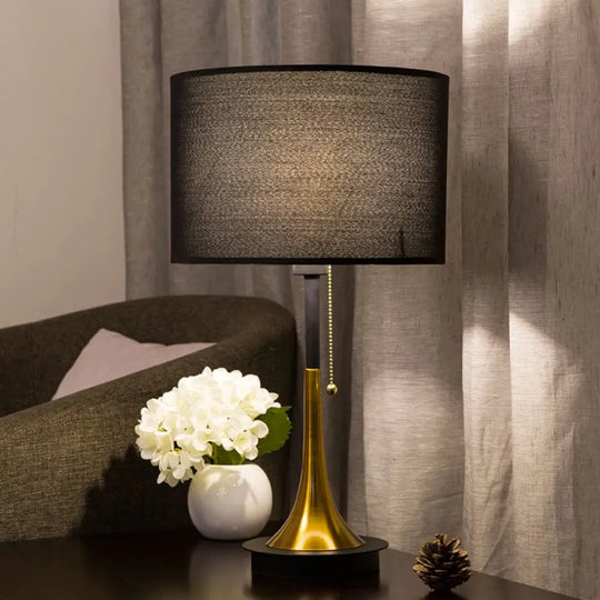 Modern Metal Drum Table Lamp: 1-Head Black/Grey Nightstand Lighting With Pull Chain Black