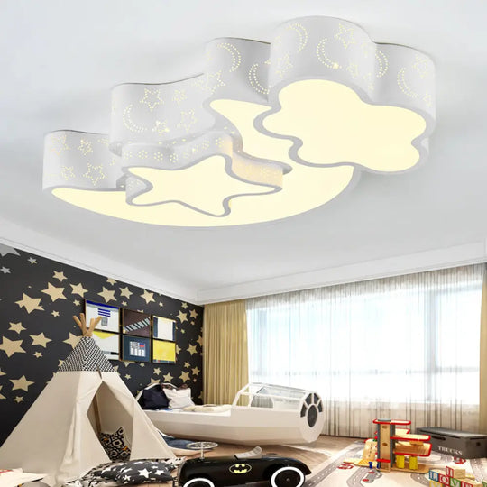 Modern Metal Etched Star Moon Flush Ceiling Light In White For Foyer /