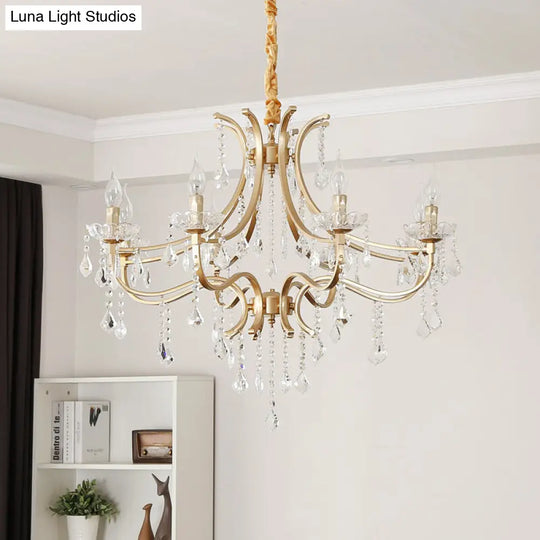 Modern Metal Flameless Candle Pendant Chandelier With Crystal Bead - Gold 6/8 Heads 8 /