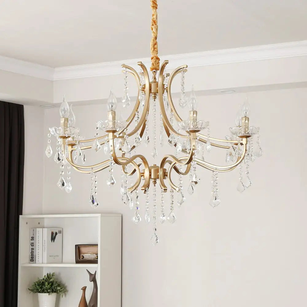 Modern Metal Flameless Candle Pendant Chandelier With Crystal Beads In Gold - 6/8 Heads Hanging