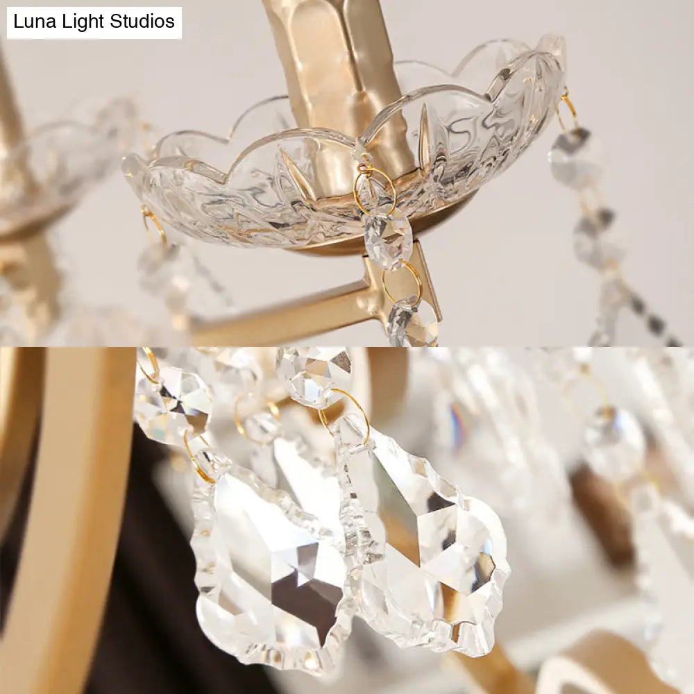 Modern Metal Flameless Candle Pendant Chandelier With Crystal Beads In Gold - 6/8 Heads Hanging Lamp