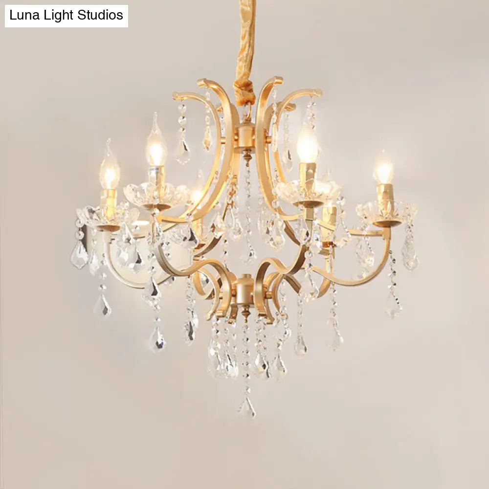 Modern Metal Flameless Candle Pendant Chandelier With Crystal Beads In Gold - 6/8 Heads Hanging Lamp