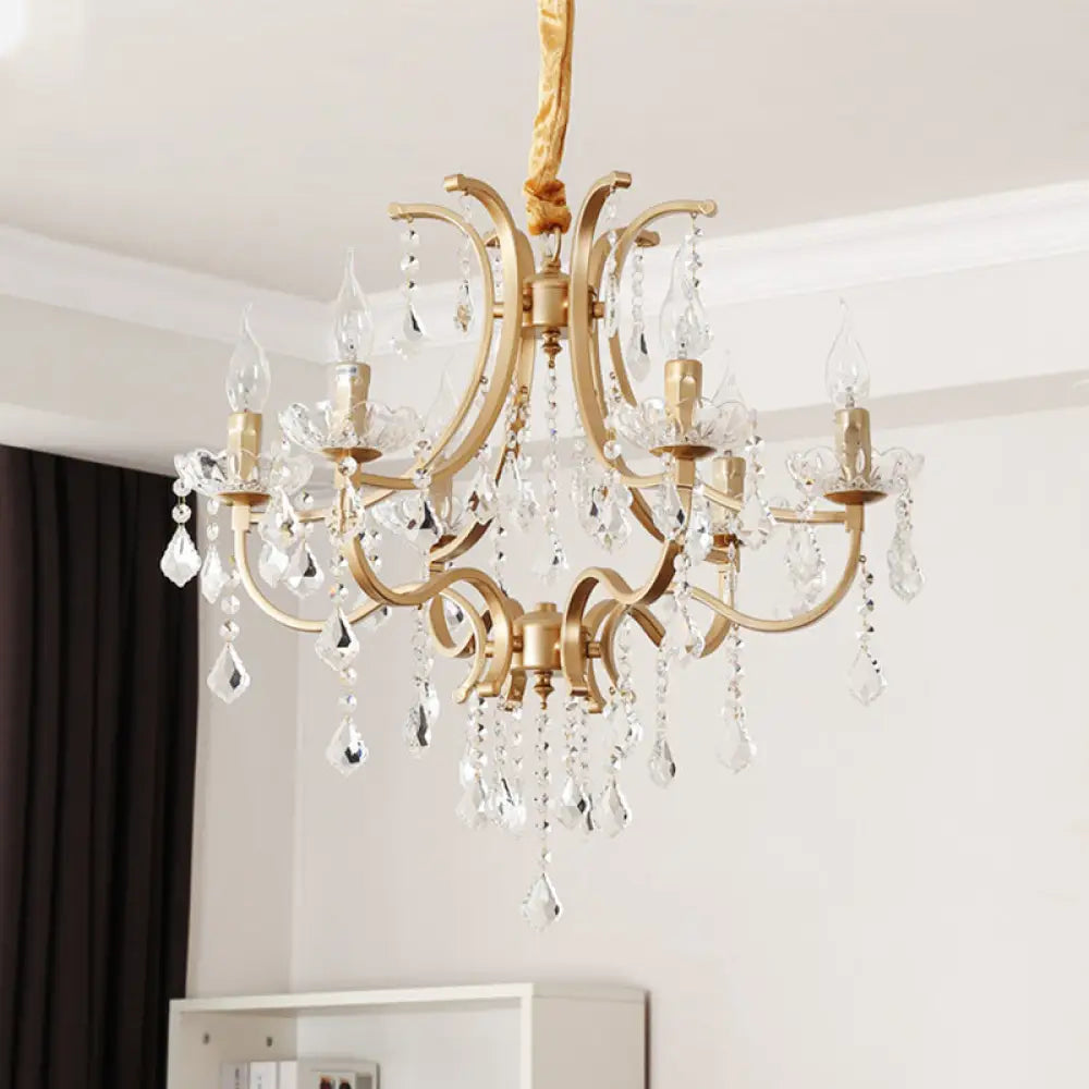 Modern Metal Flameless Candle Pendant Chandelier With Crystal Beads In Gold - 6/8 Heads Hanging