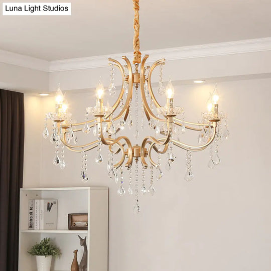 Modern Metal Flameless Candle Pendant Chandelier With Crystal Beads In Gold - 6/8 Heads Hanging Lamp