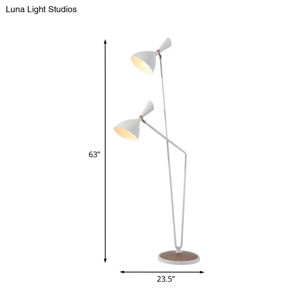 Modern Metal Flared Floor Reading Lamp With 2-Head White Stand Up Light For Bedroom