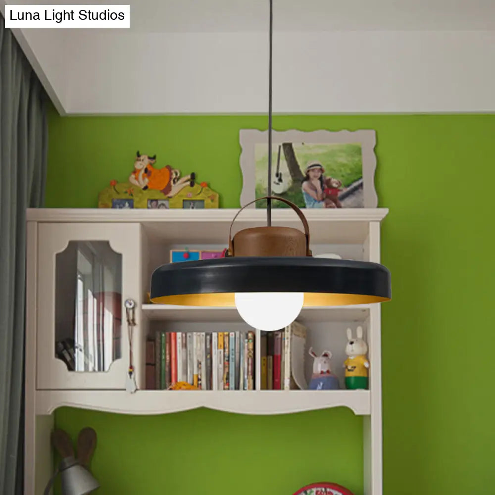 Modern Metal Flat Ceiling Light With Black Down Lighting Pendant And Wood Cap