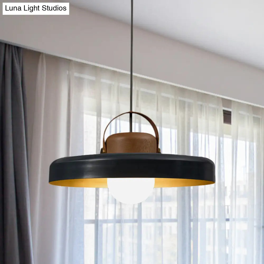 Modern Metal Flat Ceiling Light With Black Down Lighting Pendant And Wood Cap