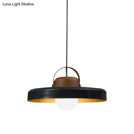 Modern Metal Flat Ceiling Light - 1 Head Black Down Lighting Pendant With Wooden Cap