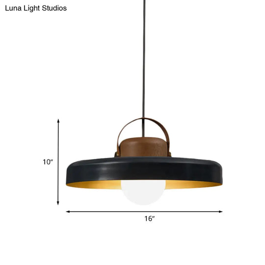 Modern Metal Flat Ceiling Light - 1 Head Black Down Lighting Pendant With Wooden Cap