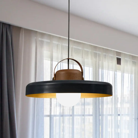 Modern Metal Flat Ceiling Light - 1 Head Black Down Lighting Pendant With Wooden Cap