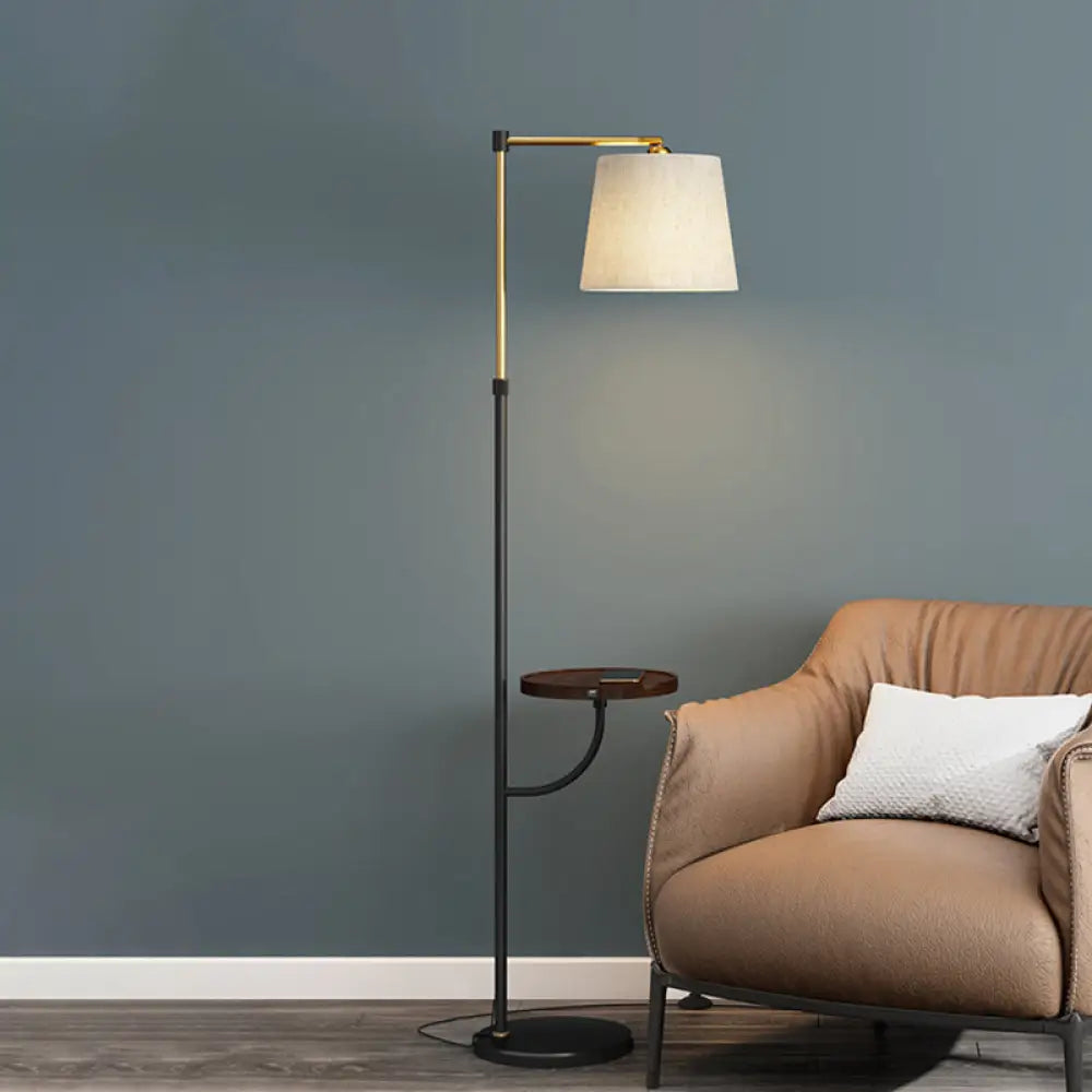 Modern Metal Floor Lamp With Right Angle Arm Barrel Beige Shade In Black-Gold - 1 Light For Living