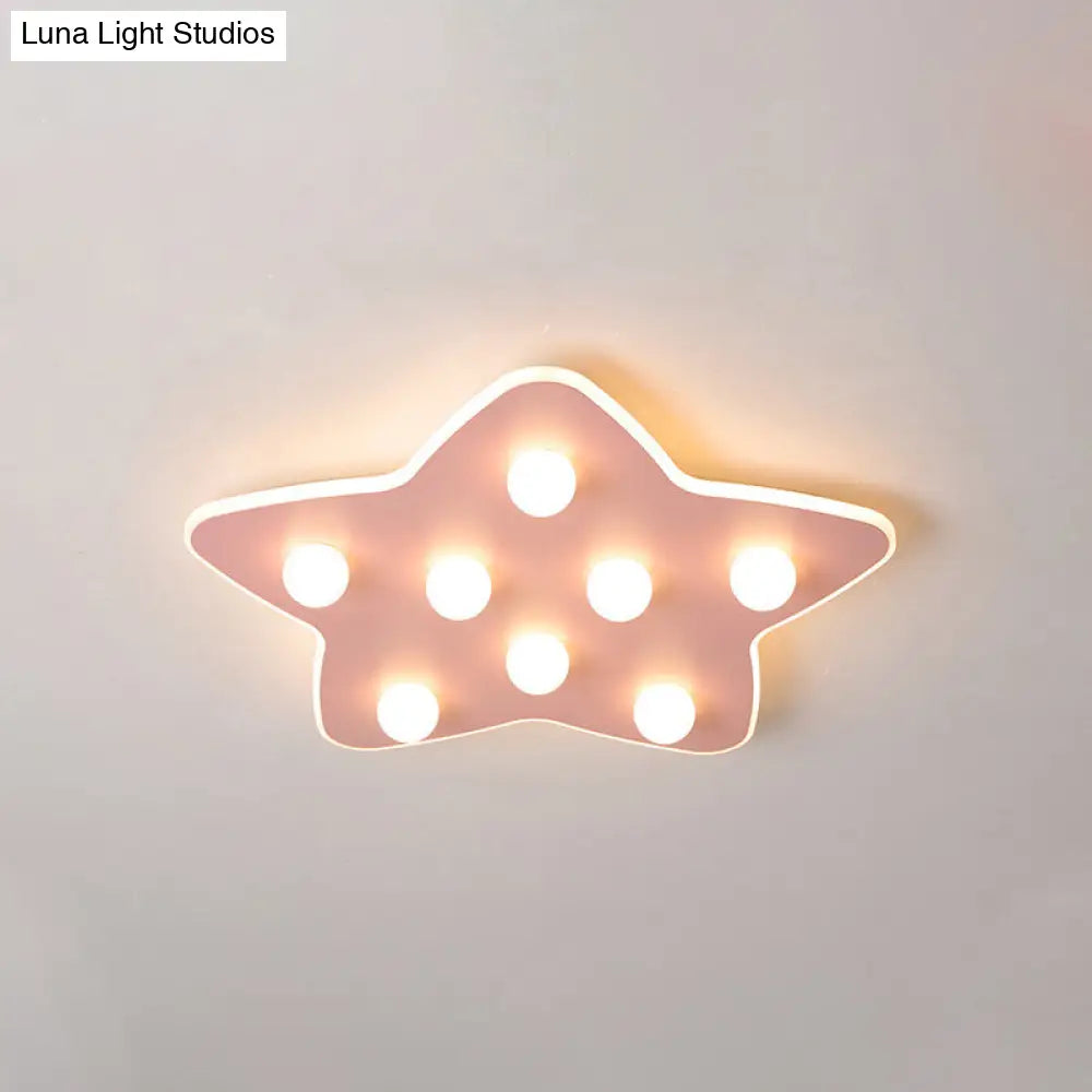 Modern Metal Flush Ceiling Light: Blue/Pink/White Stars 8 Bulbs - Ideal For Kids Rooms Pink