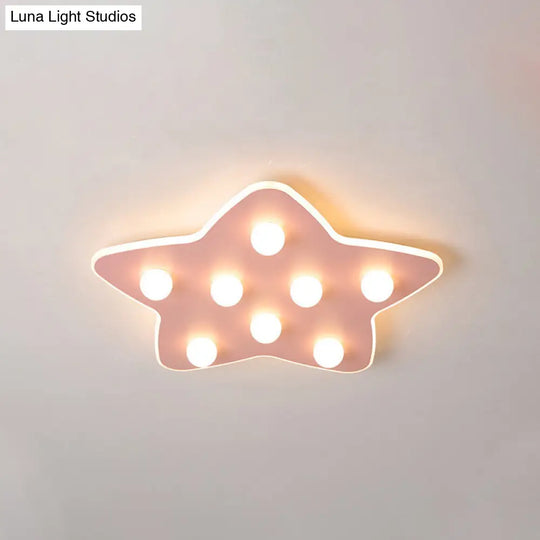 Modern Metal Flush Ceiling Light: Blue/Pink/White Stars 8 Bulbs - Ideal For Kids Rooms Pink