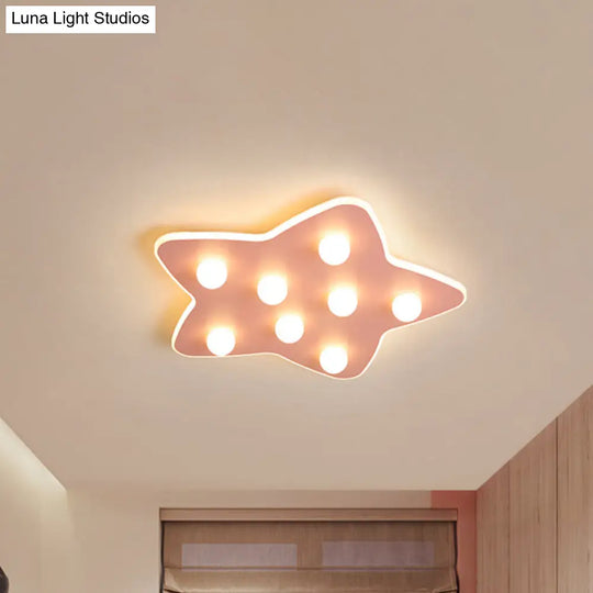 Modern Metal Flush Ceiling Light: Blue/Pink/White Stars 8 Bulbs - Ideal For Kids’ Rooms