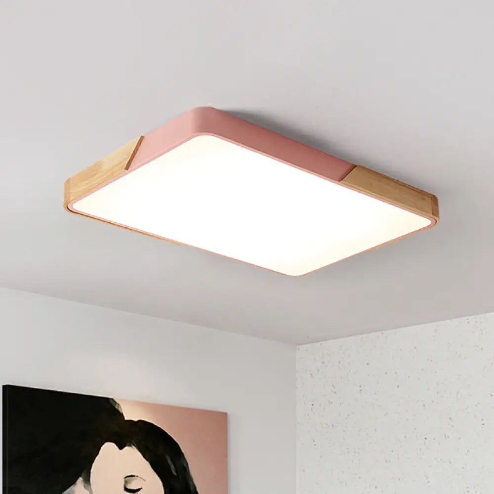 Modern Metal Flush Light: Rectangle Macaron Led Ceiling Fixture (White/Pink) With Acrylic Diffuser