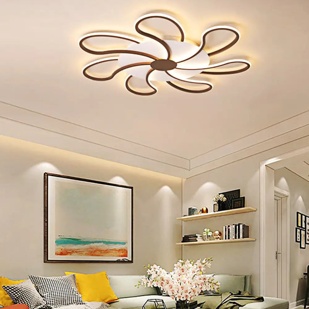 Modern Metal Flush Light With Brown Flower Ceiling Design - Warm/White Led Indoor Lighting (5/6/7