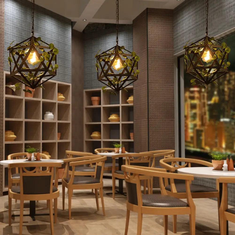 Modern Metal Geometric Pendant Light With Fake Vine Ideal For Restaurants Ceiling Mount Black Finish
