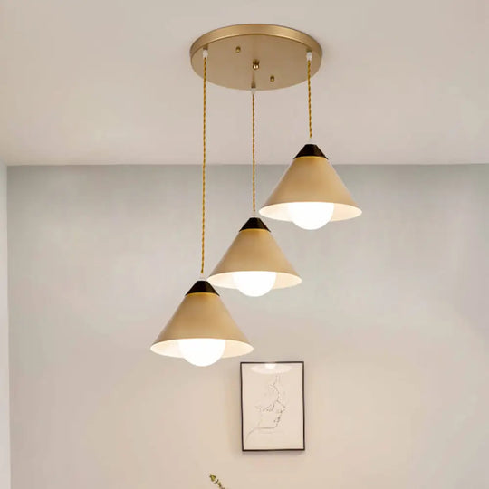 Modern Metal Hanging Pendant Lamp With 3 Conical Black And Gold Heads - Round/Linear Canopy / Round