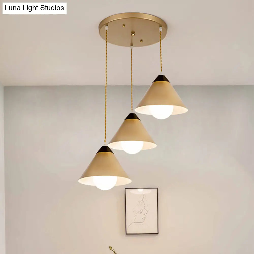 Modern Conical Metal 3-Head Black And Gold Pendant Lamp With Multiple Hanging Lights Round/Linear