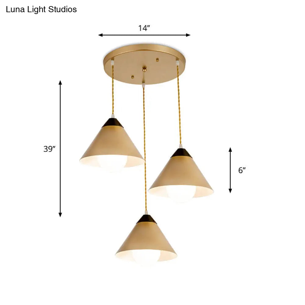 Modern Conical Metal 3-Head Black And Gold Pendant Lamp With Multiple Hanging Lights Round/Linear