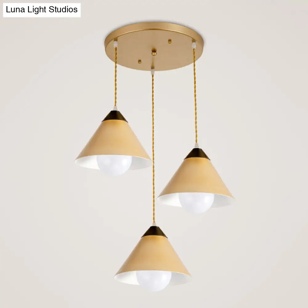 Modern Conical Metal 3-Head Black And Gold Pendant Lamp With Multiple Hanging Lights Round/Linear