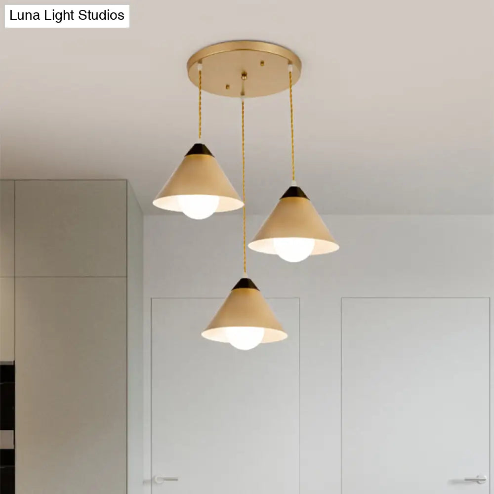 Modern Metal Hanging Pendant Lamp With 3 Conical Black And Gold Heads - Round/Linear Canopy