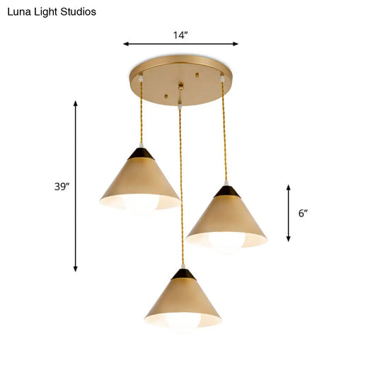 Modern Metal Hanging Pendant Lamp With 3 Conical Black And Gold Heads - Round/Linear Canopy