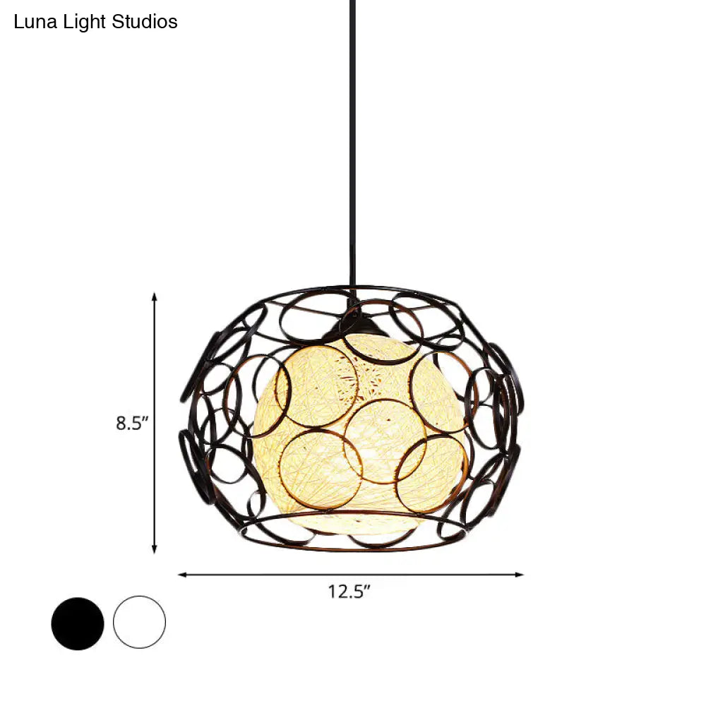 Modern Metal Hanging Pendant Light With Wire Guard And Weave Ball Shade White/Green 10/12.5 W