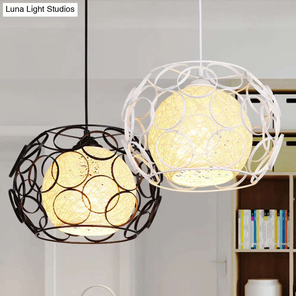 Modern Metal Hanging Pendant Light With Wire Guard And Weave Ball Shade – White/Green 10’/12.5’ W