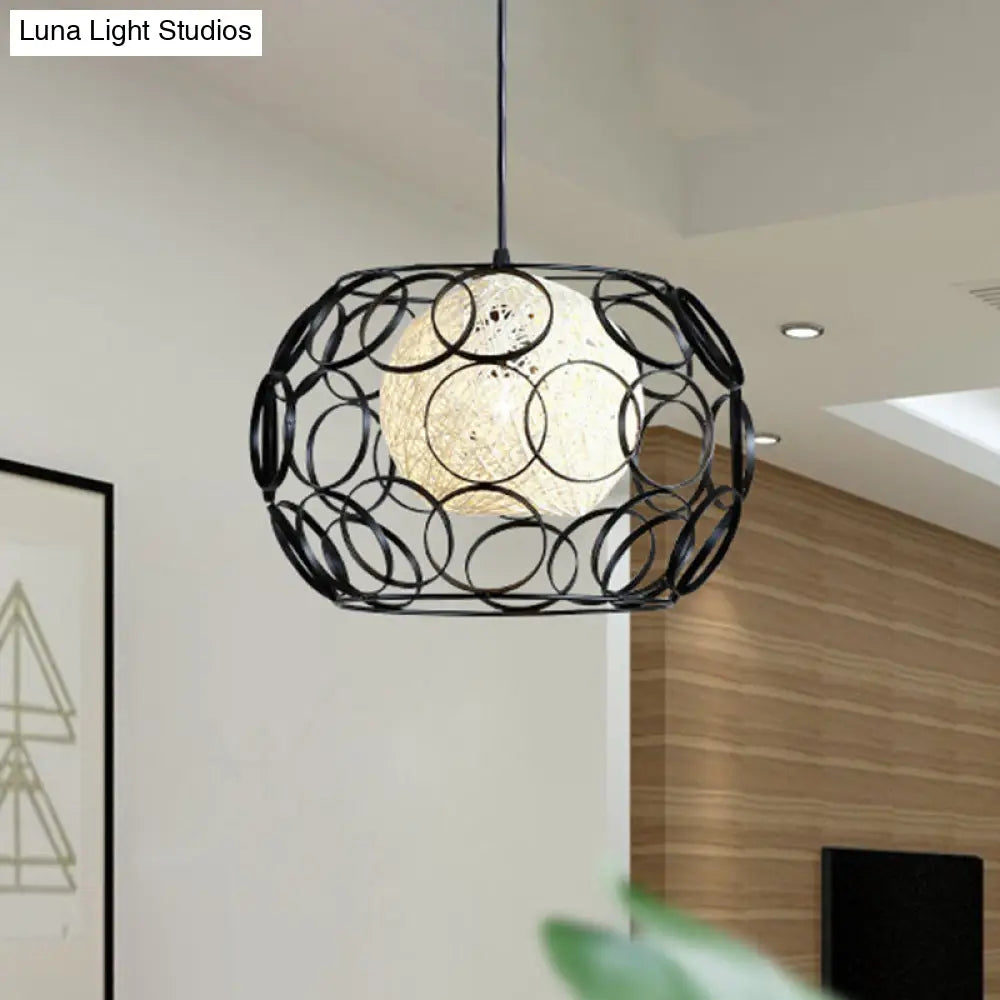 Modern Metal Hanging Pendant Light With Wire Guard And Weave Ball Shade White/Green 10/12.5 W