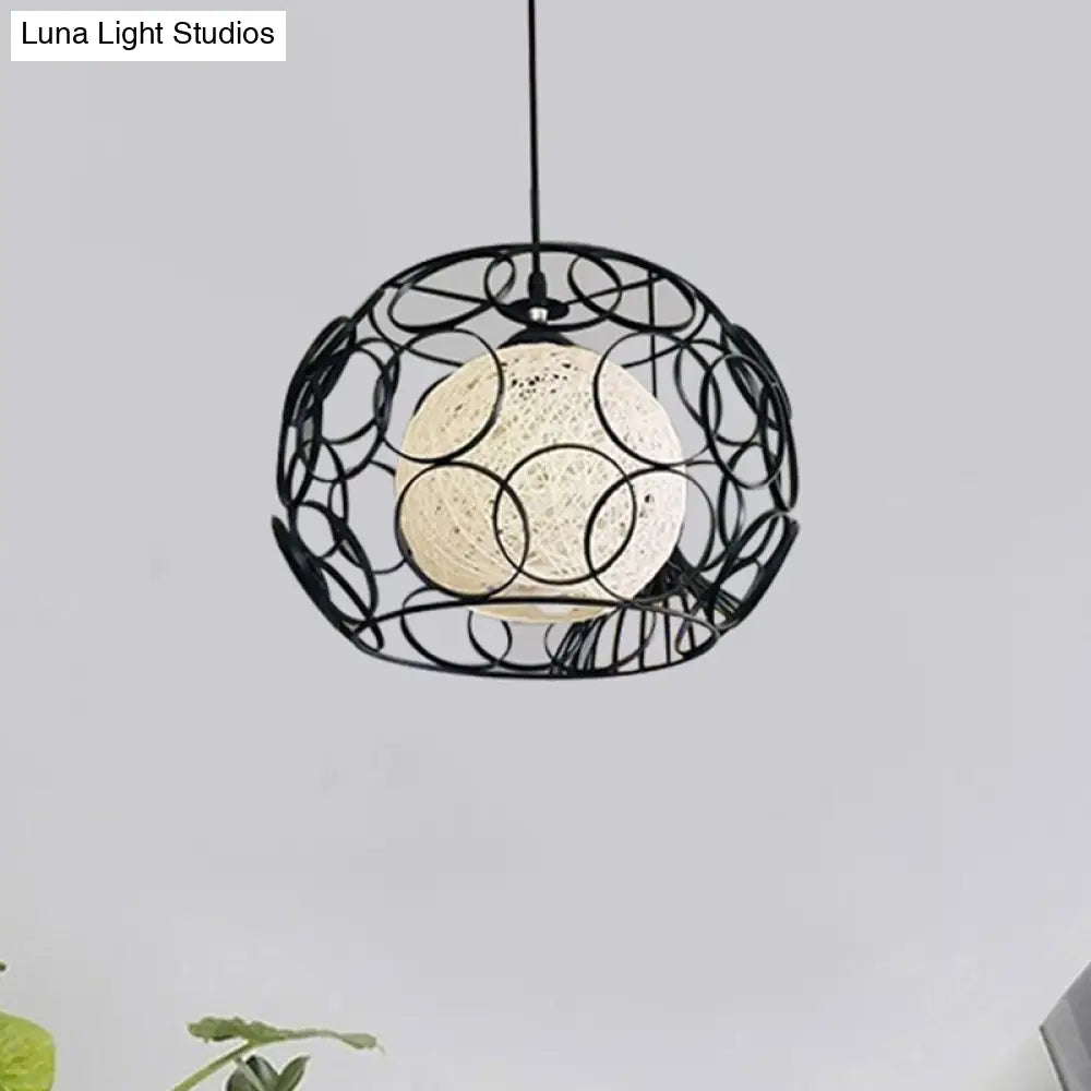 Modern Metal Hanging Pendant Light With Wire Guard And Weave Ball Shade – White/Green 10’/12.5’ W