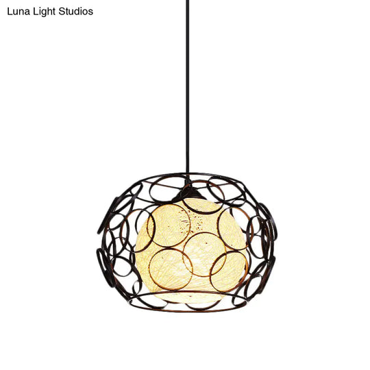 Modern Metal Hanging Pendant Light With Wire Guard And Weave Ball Shade White/Green 10/12.5 W