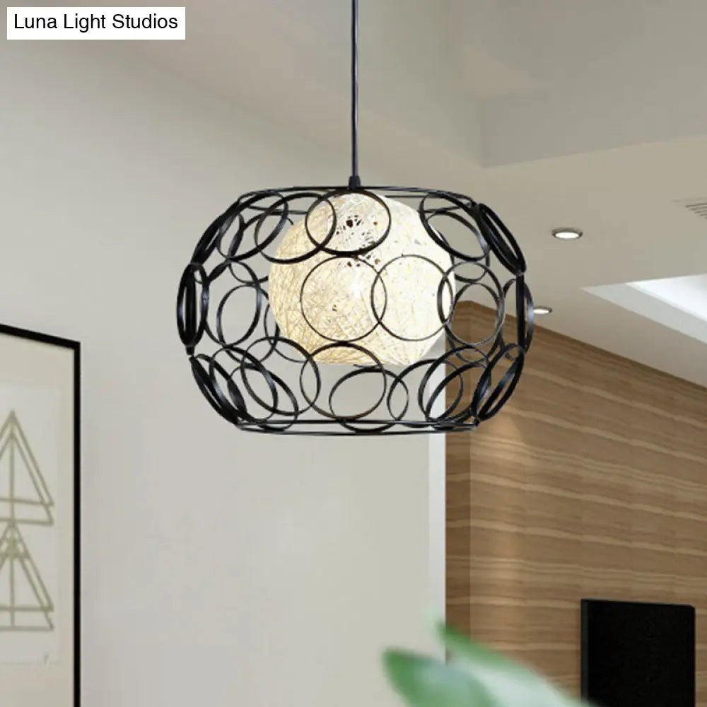 Modern Metal Hanging Pendant Light With Wire Guard And Weave Ball Shade – White/Green 10’/12.5’ W