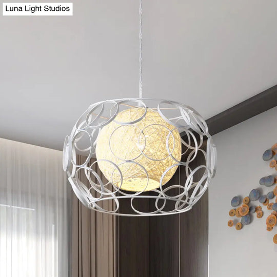 Modern Metal Hanging Pendant Light With Wire Guard And Weave Ball Shade White/Green 10/12.5 W White