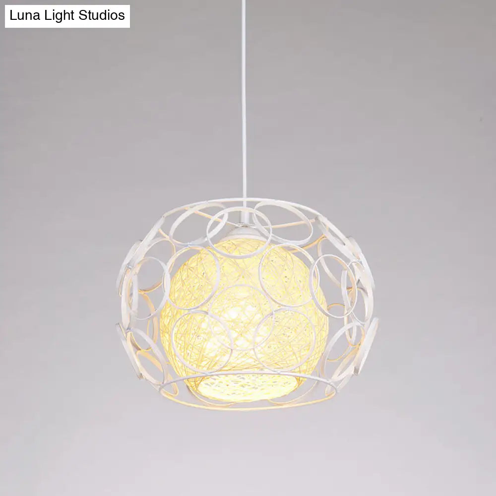 Modern Metal Hanging Pendant Light With Wire Guard And Weave Ball Shade White/Green 10/12.5 W