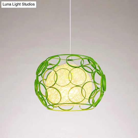 Modern Metal Hanging Pendant Light With Wire Guard And Weave Ball Shade – White/Green 10’/12.5’ W