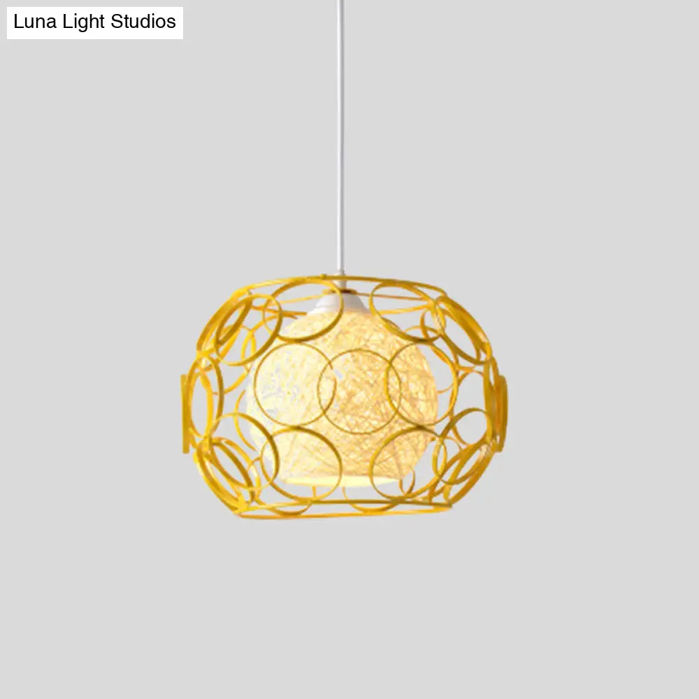 Modern Metal Hanging Pendant Light With Wire Guard And Weave Ball Shade – White/Green 10’/12.5’ W